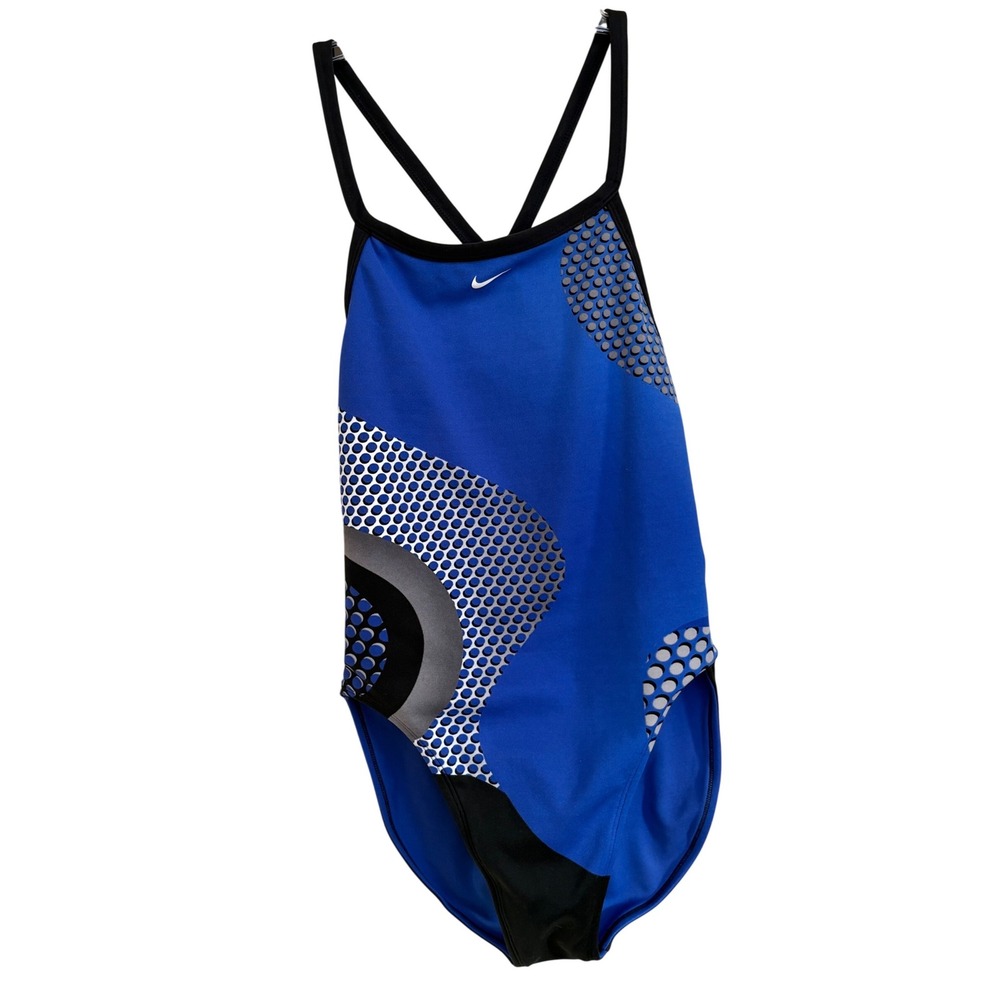 Nike Swim One Piece Swimsuit Blue Black Silver Geometric Performance Small